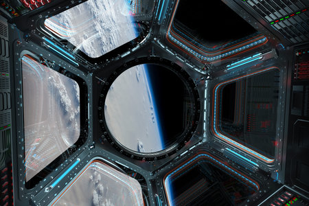 Window view of planet earth from a space station in space 3D rendering