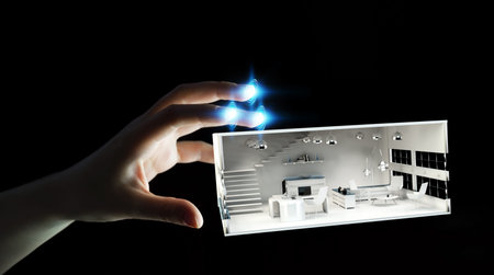 Businesswoman on blurred background touching white 3D rendering apartment