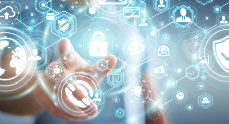 Businessman on blurred background protecting his data personal information 3D rendering