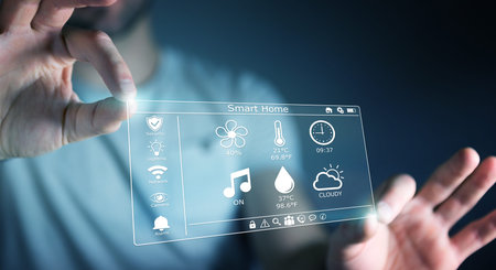Businessman on blurred background using smart home digital interface 3D rendering