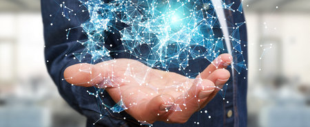 Businessman on blurred background holding flying network connection 3D rendering