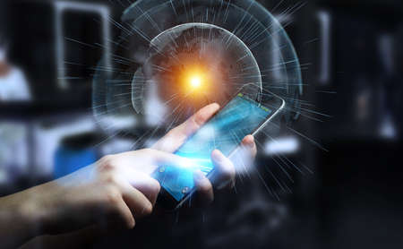 Flying earth network interface activated by mobile phone on blurred background 3D renderingの写真素材