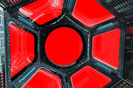 Space station window with red background 3D renderingの写真素材