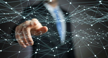 Dot flying network touched by businessman on blurred background 3D renderingの写真素材