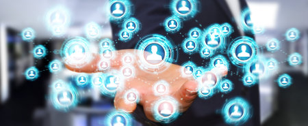 Businessman on blurred background using social network interface 3D rendering
