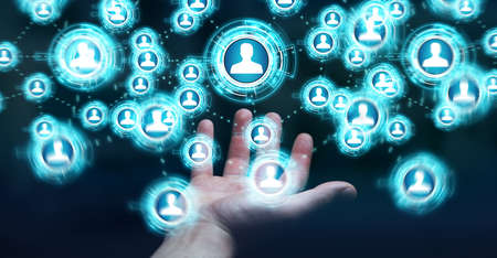 Businessman on blurred background using social network interface 3D renderingの写真素材