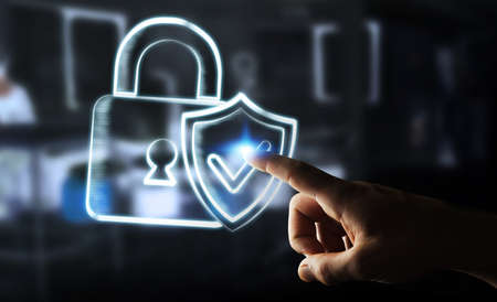 Businesswoman on blurred background touching a hand-drawn antivirus systemの写真素材