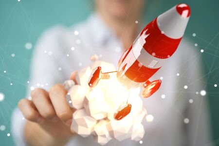 Businesswoman on blurred background holding and touching red rocket 3D renderingの写真素材