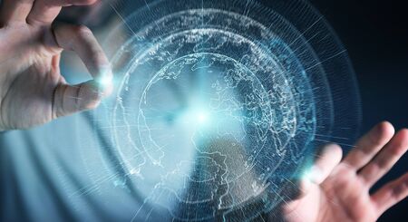 Flying earth network interface activated by businessman on blurred background 3D renderingの写真素材