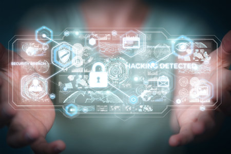 Businesswoman on blurred background hacking security system 3D rendering