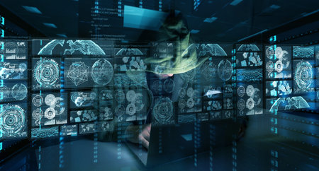 Hacker accessing to personal data information with a computer in a dark room 3D renderingの写真素材