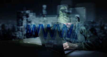 Hacker accessing to personal data information with a computer in a dark room 3D renderingの写真素材