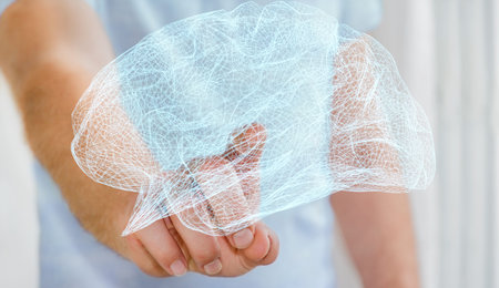 Businessman touching digital human brain with cell and neurons activity 3D rendering