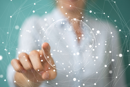 Businesswoman on blurred background using flying earth network interface 3D renderingの写真素材