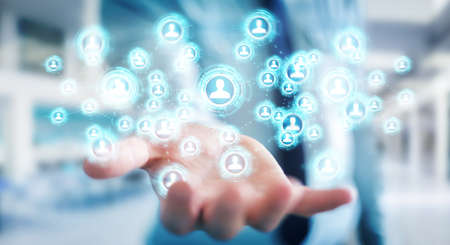 Businessman on blurred background using social network interface 3D renderingの写真素材