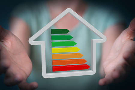 Businesswoman on blurred background eco house concept 3D renderingの写真素材