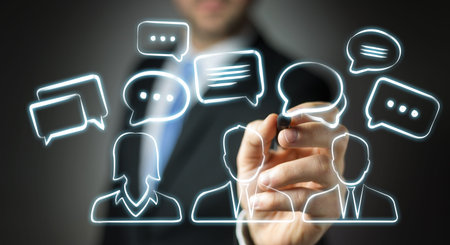 Businessman on blurred background drawing discussion icons sketch