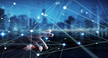 Dot flying network touched by businessman on blurred background 3D renderingの写真素材