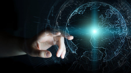 Flying earth network interface activated by businessman on blurred background 3D rendering