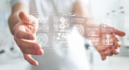 Businessman on blurred background using digital screens with holograms datas 3D rendering