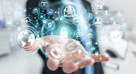 Businessman on blurred background protecting his data personal information 3D rendering