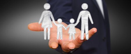 Businessman on blurred background holding family interface in his hand 3D renderingの写真素材