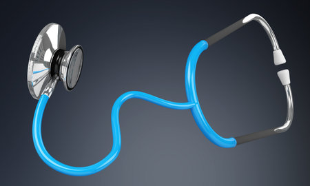 Floating digital blue stethoscope on grey background 3D renderingの写真素材