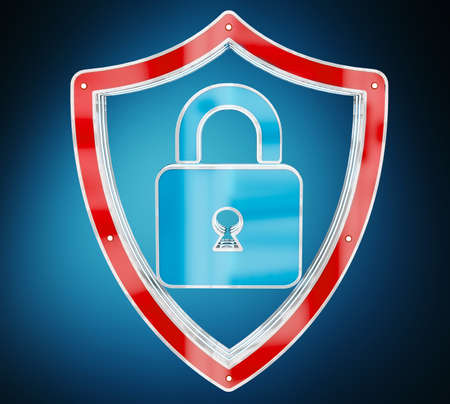 Modern digital data shield antivirus on blue background 3D renderingの写真素材