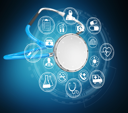Floating digital blue stethoscope on blue background 3D renderingの写真素材