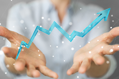 Businesswoman on blurred background using digital modern arrow 3D renderingの写真素材