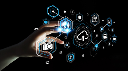 Businesswoman on blurred background using digital cloud interface 3D renderingの写真素材