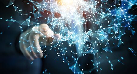Businessman on blurred background touching flying network connection 3D renderingの写真素材