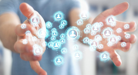 Businessman on blurred background using social network interface 3D renderingの写真素材