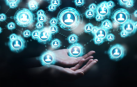 Businesswoman on blurred background using social network interface 3D renderingの写真素材