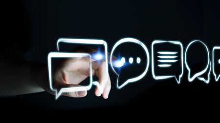 Businesswoman on blurred background touching discussion icons sketchの写真素材