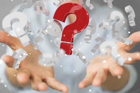 Businesswoman on blurred background using 3D rendering question marksの写真素材