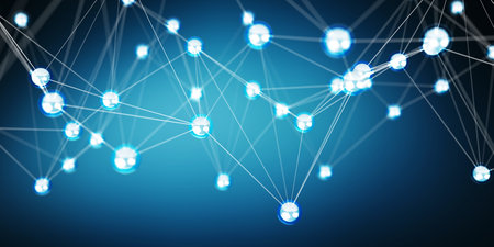 Digital flying network balls connection on blue background 3D rendering