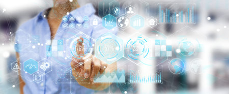 Businessman on blurred background using holograms datas on digital screens 3D rendering