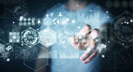 Businessman on blurred background using holograms datas on digital screens 3D rendering