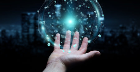 Businessman on blurred background using holograms datas digital sphere 3D rendering