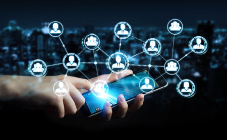 Businessman on blurred background using social network connection on phone 3D rendering