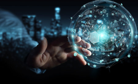 Businessman on blurred background using holograms datas digital sphere 3D rendering