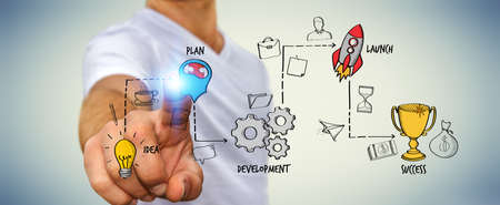 Businessman on blurred background using manuscript project presentation with his hand