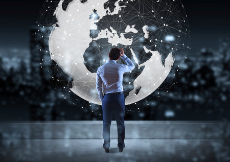 Businessman watching digital planet earth on a rooftop with a city view 3D rendering