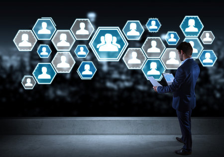 Businessman watching social network interface on a rooftop with a city view 3D rendering