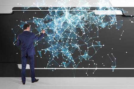 Businessman in modern interior using connection network on a wall 3D rendering