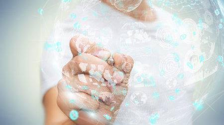 Businessman on blurred background holograms datas digital sphere with a pen 3D rendering