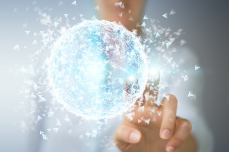 Businesswoman on blurred background holding and touching flying network connection 3D renderingの写真素材