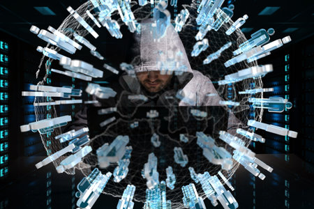 Hacker accessing to personal data information with a computer in a dark room 3D rendering