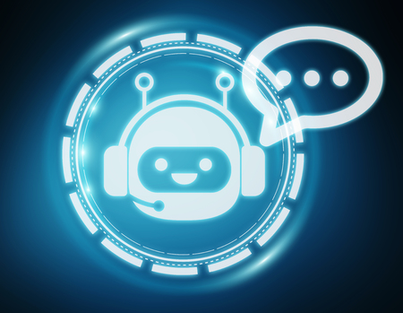 Chatbot illustration on blue background 3D renderingの写真素材
